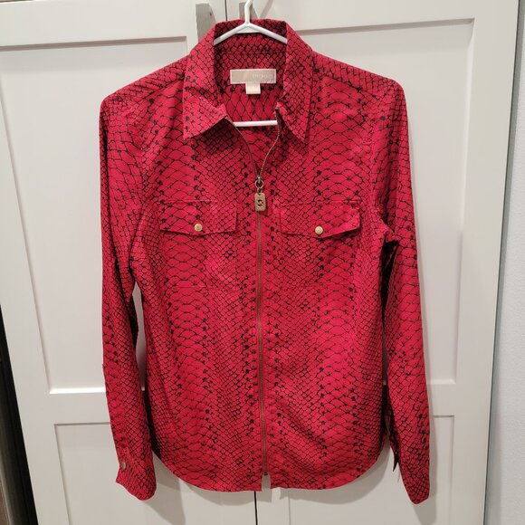 Michael Kors Women Red Long Sleeve Shirt Animal Print Zip Work Evening Small - Picture 1 of 16